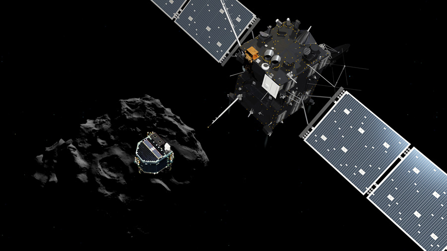 Umelecké zobrazenie oddelenia pristávacieho modulu Philae na ceste od vesmírnej sondy Rosetta ku kométe 67P/Churyumov-Gerasimenko (zdroj: Európska vesmírna agentúra).